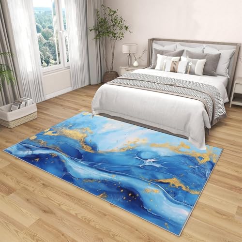 Tapis lavable antidérapant avec lignes feuille d'or bleu ciel
