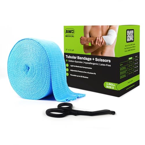 Elasticated Tubular Support Bandage - Reusable Compression Wrap for Joint Pain Relief - Stockinette Tubing for Large Arm/Medium Ankle/Small Knee - Blue (Size D - 3 inches x 11 Yards) + Scissors