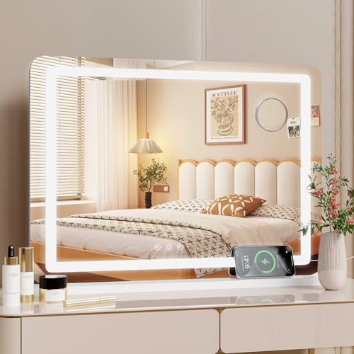 MAMIZO Espejo de Maquillaje con iluminación, 50 x 40 cm, Espejo de tocador, con USB y Tipo C, Lupa 10x, 3 temperaturas de Color, con Control de Pantalla táctil, Espejo de Pared, Espejo de Mesa