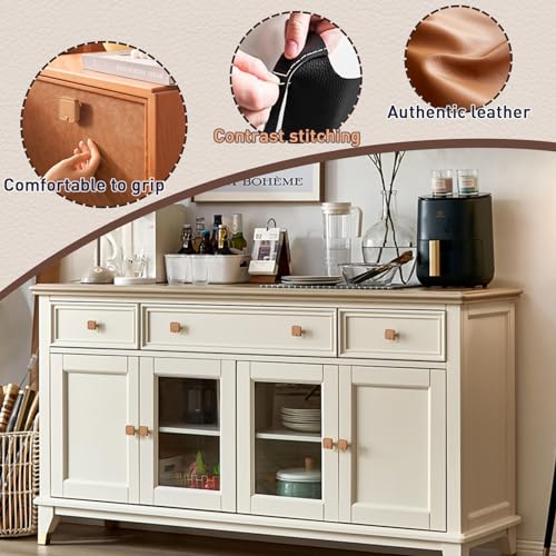 Image of 2 Pack Leather Cabinet Knobs - Brown Round Leather Drawer Pulls for Cabinets, Cupboard, Dressers, Drawers, Bedroom