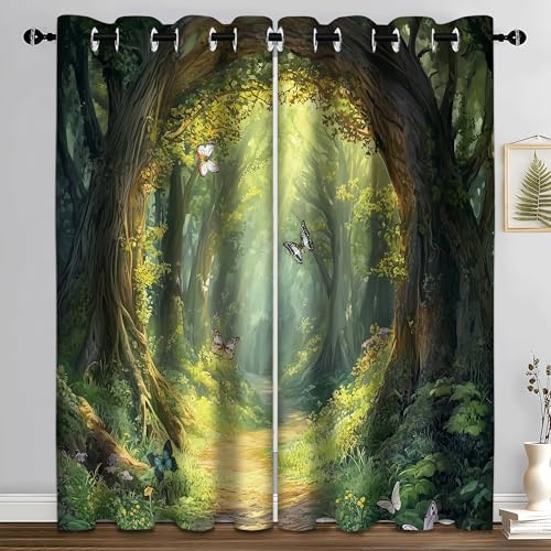 iTapnoom Enchanted Forest Blackout Curtain, Butterfly Nature Lanscape Scene Window Curtains Darkening Thermal Insulated Window Drapes for Living Room Bedroom Decor 2 Panels 52x84 Inches