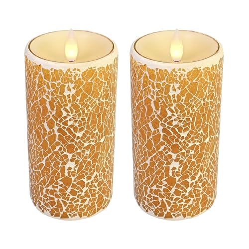 Image of Glass Flameless Pillar Candles Flickering with Remote Timer, Battery Operated LED 3D Moving Flame Real Wax Candles,Remote Included (Honey Yellow Cracked Glass)