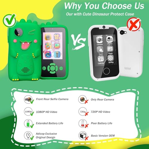 Image of Kids Smart Phone for Girls & Boys Ages 3-10 Toddler Learning Toy Touchscreen Mobile with Dual Camera Play Cellphone Games Music Christmas & Birthday Gift for Kids ( Green Dino )