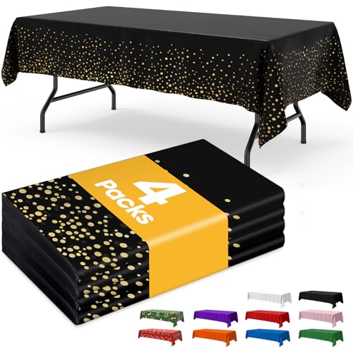 Image of Niuara Black and Gold Plastic Table Cloth - 4 Pack 54 inch x 108 inch Rectangle Disposable Tablecloths for 6FT Tables, Table Cover for Party, Holiday & Gathering Use