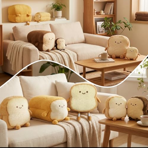 Image of DENTRUN Toast Plush Pillow, Soft Bread Shape Food Cushion for Hugging Decor | funny expression, sofa /bed cushion, soft plush, gift for kids /adults, room decor