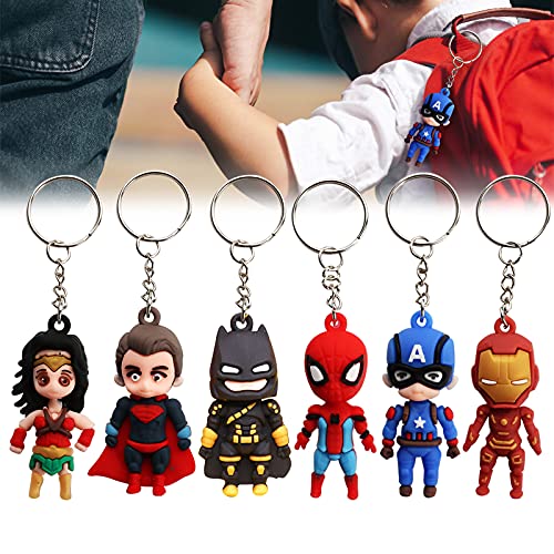 Gxhong Superhéroe Colgante de Llavero The Avengers Llavero, Spiderman, Batman, Superman, Iron Man, Mujer Maravilla, Capitán América Keychain, 3D Llavero de Personaje de Dibujos Animados, 6 Piezas