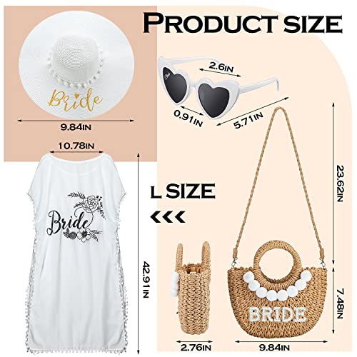 Hillban 4 Pcs Bride Gifts Set Bridal Shower Gifts Bride Sun Hat Pearl Letters Straw Bag Beach Swimsuit Sunglasses for Wedding Engagement Bachelorette Party3