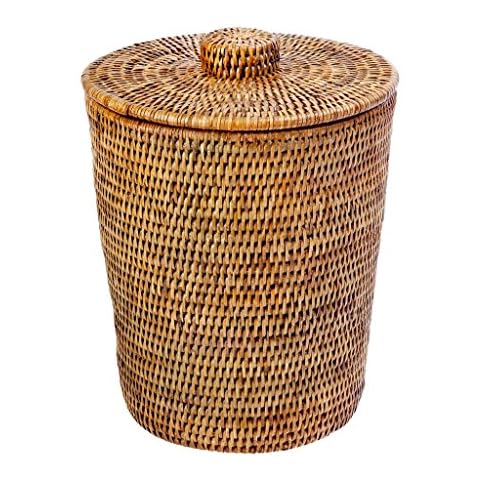 KOUBOO La Jolla Rattan Round Waste Basket with Plastic Insert & Lid, Honey Brown, Rattan & Wicker Cover
