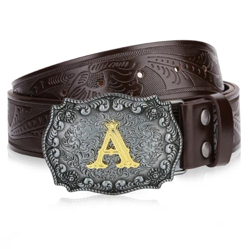 Image of Mens Western Cowboy Cowgirl Faux Leather Belt Longhorn Bull Pattern Letter Big Buckle Embossed Floral Belts