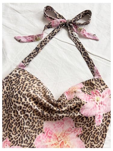 Girl's Floral Leopard Halter Mini Dress Y2k Draped Layered Ruffle Tie Backless Short Dresses2