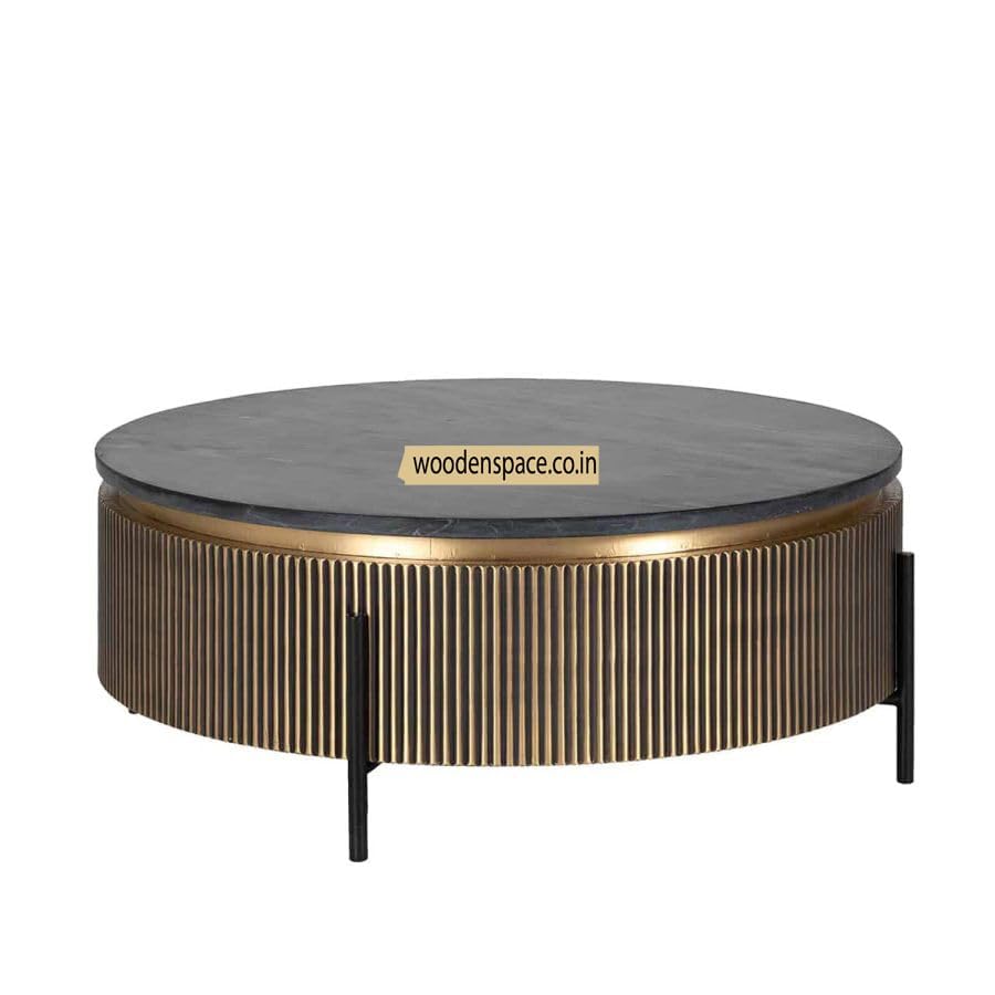 Image of WOODEN SPACE Premium Luxury Nazaara Marble-Top Coffee Table with Iron Legs & PVD Coating | Modern Round Wooden Center Table for Living Room & Entryway