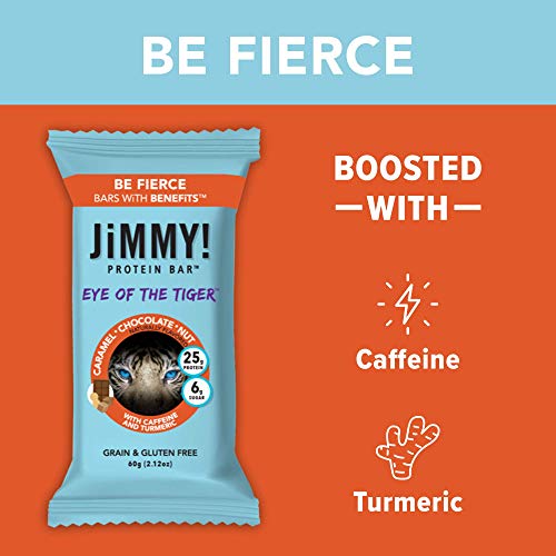 Jimmy! Protein Bar, Caramel Chocolate Nut, Eye Of The Tiger, 12 Count - High Performance Energy Bar With Caffeine And Turmeric, Low Sugar, 25G Of Protein, High Protein #TOP3