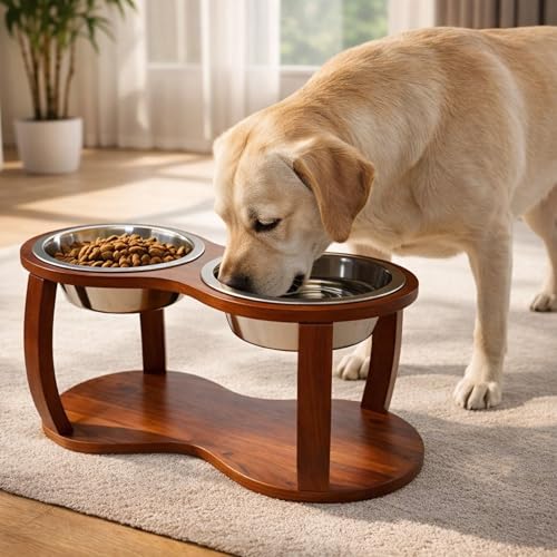 Image of Pure Souls Skye Pet Feeder, Natural Acacia Wood Feeders Stand, Elevated Dog Bowls, Food Water Diner, Durable Double Bowl Feeding Stands for Dogs - Large
