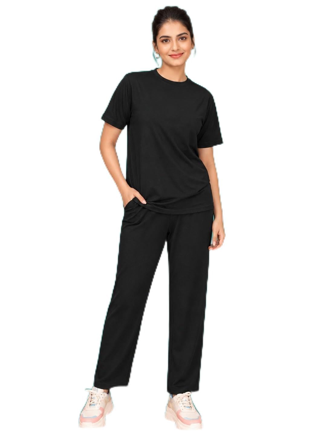 Jhoomantroo Women’s Solid Co-Ord Set | Half Sleeve Round Neck T-Shirt & Straight Trouser-image-47