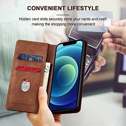Image of Jasonyu Flip Wallet Case for iPhone 12,Leather Magnetic Folio Cover with Card Holder,Kickstand - TPU Shockproof Durable Protective Phone Case,Brown