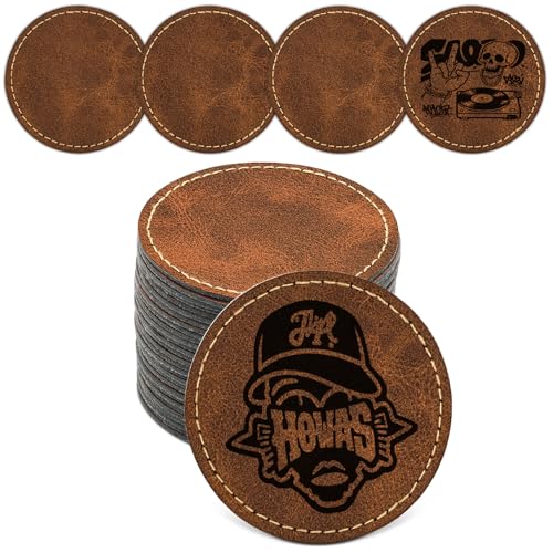 Blank Leatherette Patches for Hats Iron On Patches for Clothes Jeans Artificial Leather with Adhesive for Laser Engraving Rustic DIY Repair Sewing Crafts 3 x 2 Inches (36Pcs Round Retro)