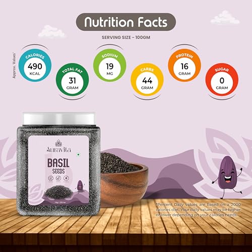Image of Auravita Premium Raw Sabja Basil Seeds 1kg | Nutrient-Rich, Pure Basil Seeds For Healthy Drinks, Smoothies, And Recipes