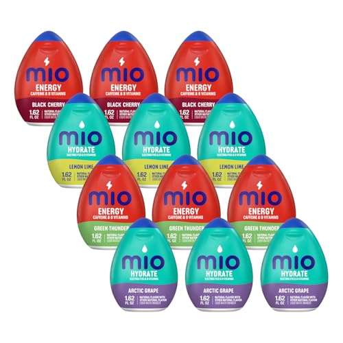 MiO Energy and Hydrate Water Enhancer Quartet for Sugar Free Hydration, Electrolytes and Energy Support with Caffeine and Vitamins, Black Cherry, Lemon Lime, Green Thunder and Arctic Grape, 1.62 Fluid Ounce (Variety Pack)