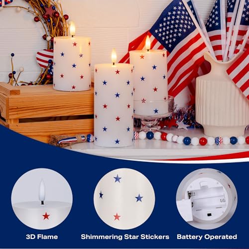 Image of JOIONE Patriotic Flameless Pillar Candles with Remote, 3 Pack Home Decor | Battery Operated, Star Sticker, Real Wax, Remote Control, Warm Flickering Glow, 4th of July Independence Day Party Decor