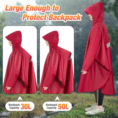 BTNEEU Regenponcho Damen Regencape Wasserdicht mit Reißverschluss Rain Poncho Festival Wiederverwendbar Regenmantel mit Kapuze und Ärmeln Regenjacke Fahrrad Lang für Wandern Camping Draussen (Rot)
