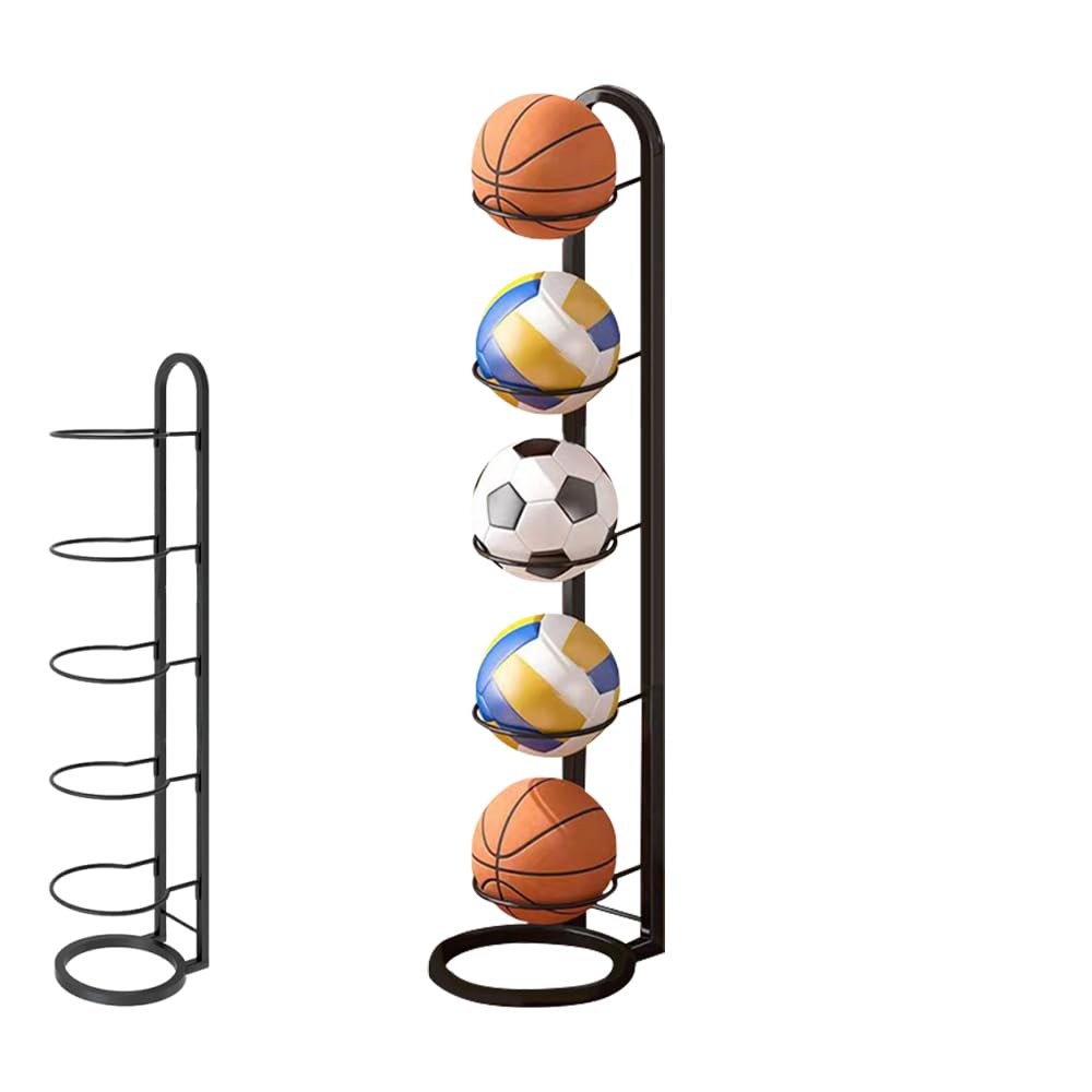 Rppiup Ball Storage Rack, 5 Tier Metal Removable Football Stand, Durable Football Holder, Multifunctional Vertical Ball Rack Display Stand for Basketball Soccer Volleyball Bedroom Indoor Outdoor