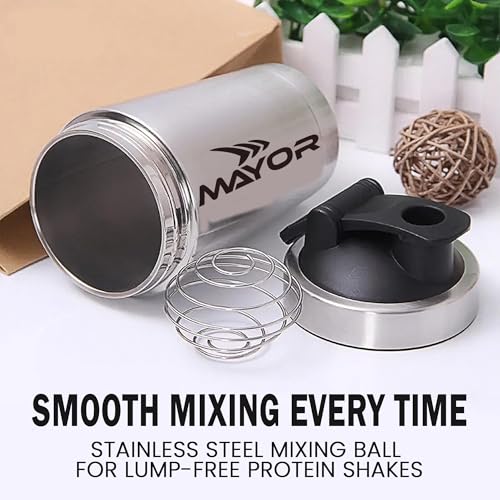 Image of Mayor 750ml Stainless Steel Gym Protein Shaker Bottle with Mixing Ball | BPA Free & Leak Proof (Silver)