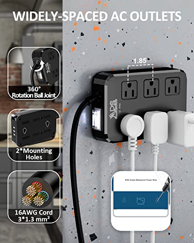 Image of Outdoor Power Strip Weatherproof, Waterproof Power Strip with 6 Wide Outlet 3 USB Ports, 10FT Extension Cord, 1625W Overload Protection,Outlet Extender for Christmas Lights ETL Listed Black