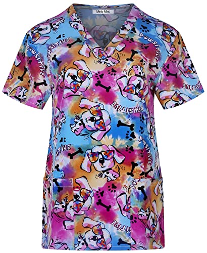 Minty Mint Women's Comfortable Easy Fit Lightweight Durable Stretch Printed V-Neck Medical Scrub Top Neon fd03fc Neon Pink M