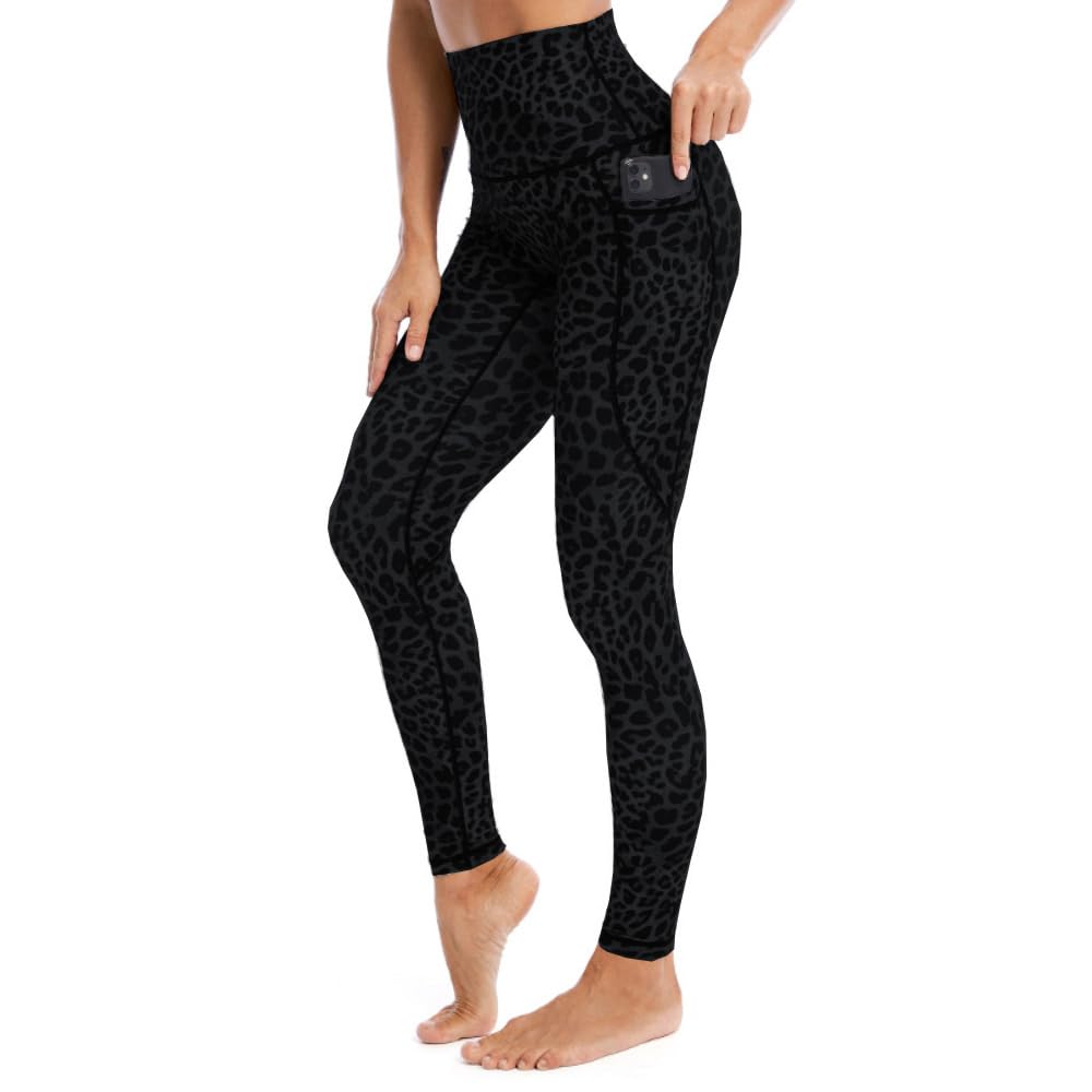 FASHICONS - Leggings de yoga para mujer de cintura alta, con estampado de leopardo, color gris oscuro, azul, con bolsillos, suaves, a prueba de sentadillas, control de abdomen, pantalones de