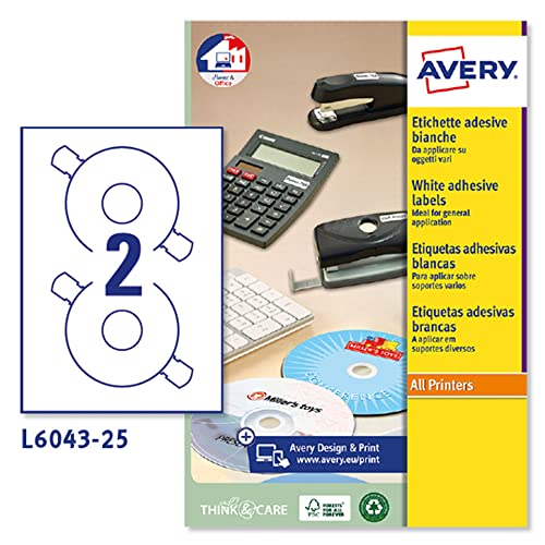 Avery España L6043 25.Caja de 50 etiquetas blanca cubriente para CD. Diam. 117mm
