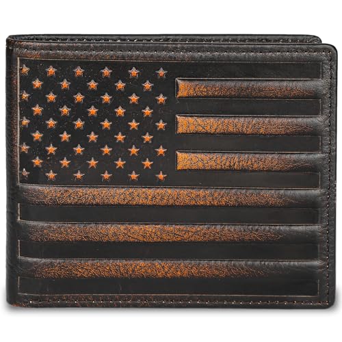 DK86 Mens Wallet USA Flag Bifold Wallet for Men RFID Blocking Full Grain Leather With Hand Burnished Extra Capacity Multiple Card Slots with 2 ID Windows