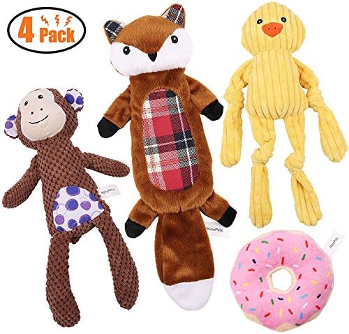 4 PCS Dog Squeaky Toys, Three Stuffed Dog Plush Toy with Squeaker and One No Stuffing Dog Toy, Non-Toxic Durable Dog Chew Toy Set for Small Medium Large Dog Pets, Assorted Animals