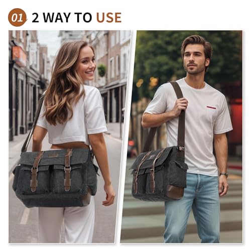 Canvas Crossbody Bag for Men and Women, Vintage Shoulder Bag with Multiple Pockets and Adjustable Strap, Fits 13 Inch Laptops, Black2