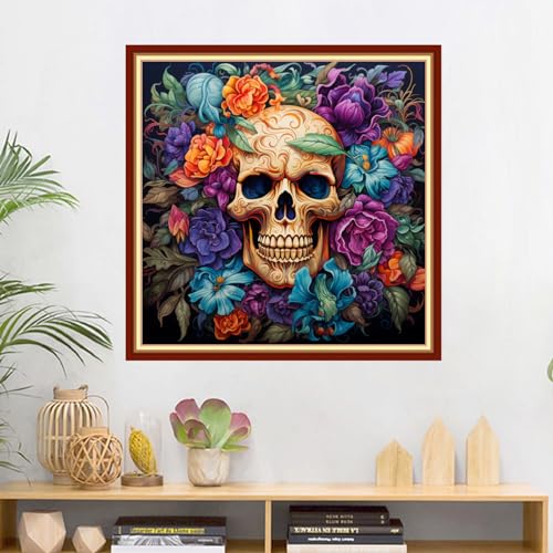 Image of Dimxvean Stamped Cross Stitch Kits,Cross Stitch Kits for Adults Beginners,Embroidery Kits Full Range of Cross Stitch Stamped Kits Needlepoint Kits Cross Stitch Patterns-Skeleton Flower 18x18 inch