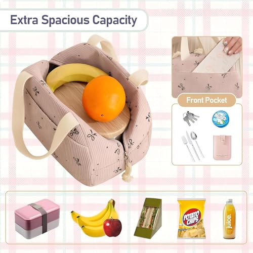 Image of SVH Corduroy Thermal Lunch Bag for Women & Kids | Large Capacity Insulated Lunch Tote with Front Pocket, Strong Handles & Zipper for Office, School, Picnic & Travel (Corduroy Bear Pink)