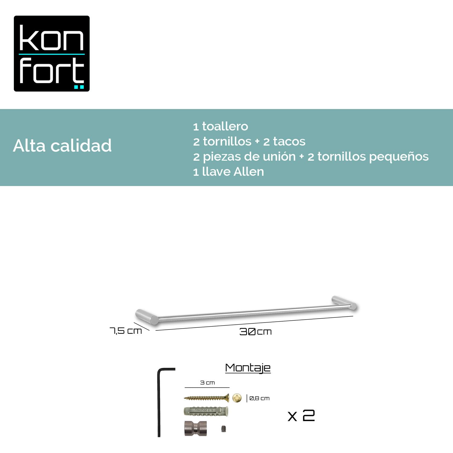 Kon-fort Home Toallero Baño 30cm. con Tornillos Acero Inoxidable AISI 304 Mate, Diseño Exclusivo.