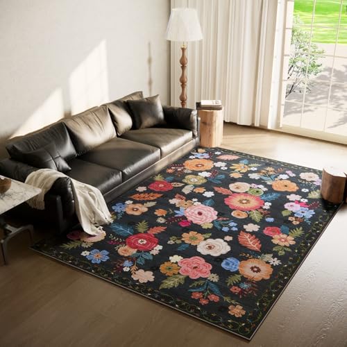 Washable Area Rugs for Living Room: 6x9 Bedroom Rug Vintage Floral Large Rug Stain Resistant Non Slip Low Pile Faux Wool Soft Rugs for Entryway Dining Room Bedside Kitchen Nursery Home