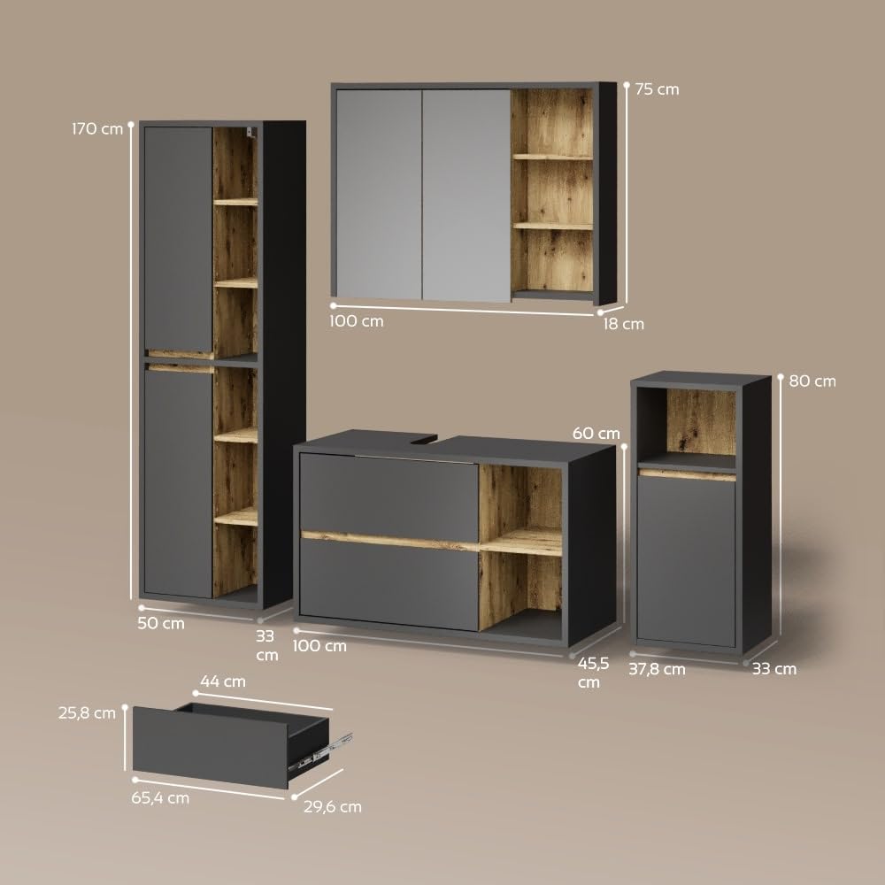 Livinity Set di mobili da bagno Vomano, Antracite, 4 parti
