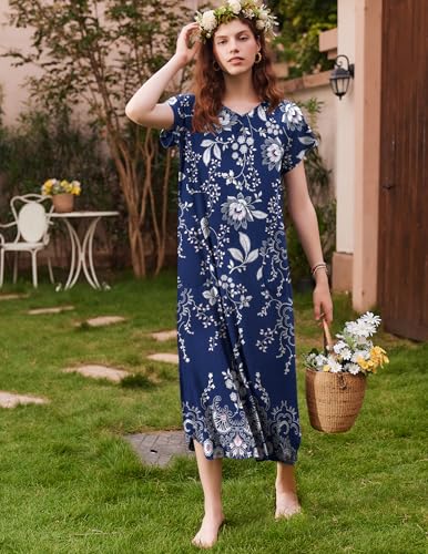 Image of Ekouaer Long Nightgown Women's Loungewear Short Sleeve Sleepwear Full Length Sleep Shirt with Pockets
