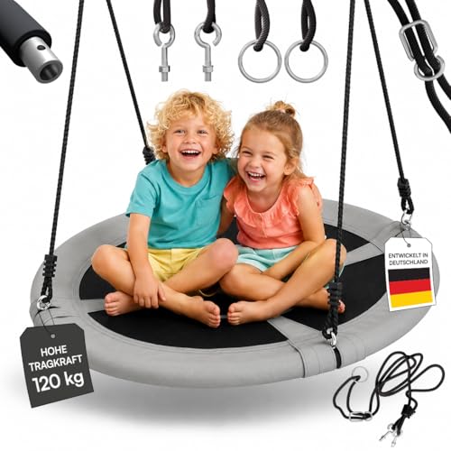 Bellabino Konda Nestschaukel Indoor/Outdoor Ø 120 cm – Schaukel für Kinder 120 kg Tragkraft – mit Zubehör – verstellbare Hängeschaukel & Randpolsterung – wetterfest & reißfestes Seil - anthrazit