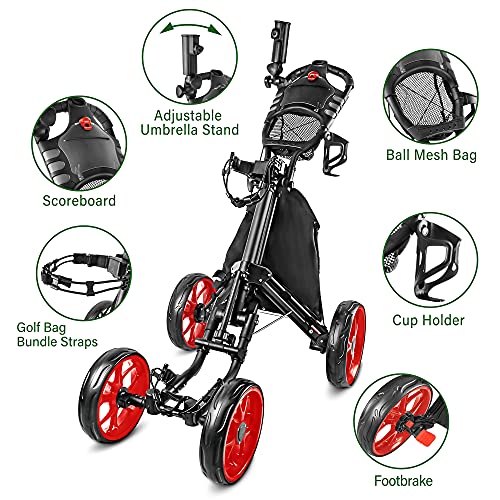 Bobopro Golf Push Cart, Golf Cart For Golf Club 4 Wheel Folding Golf Push Carts With Foot Brake Umbrella Holder Golf Accessories For Men Women/Kids (Red) #TOP1