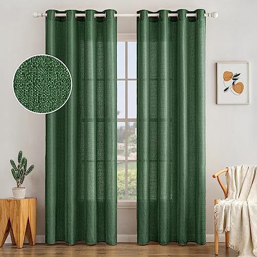 MIULEE 2er Set Voile Vorhang Sheer Leinenvorhang mit Ösen Transparente Unregelmäßige Textur Lichtdurchlässig Gardine für Schlafzimmer 245 x 140cm (H x B) Dunkel Grün
