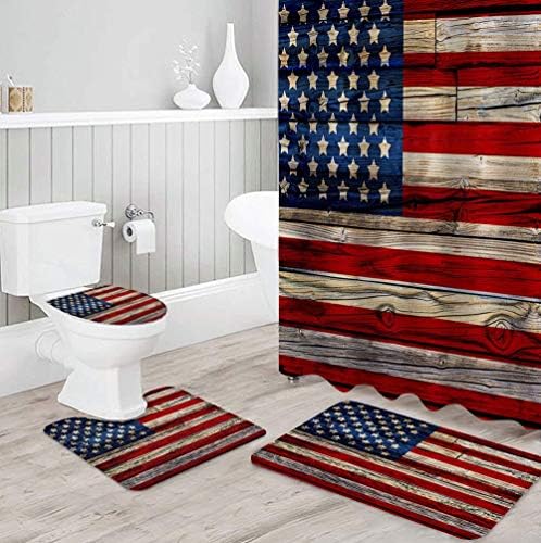 Minyose American Flag Shower Curtain Sets Non-Slip Rugs Toilet Lid Cover and Bath Mat Waterproof Bathroom Curtains 71X71 Inches