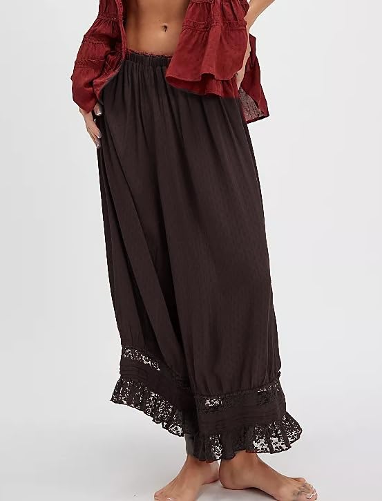 Image of UAURORAO Women Lace Trim Long Bloomers Elastic Mid Rise Ruffle Pantaloons Cropped Flared Slips Pants Pajama Bottoms