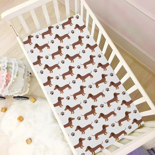 Image of CaTaKu Dachshund Dog Paws Print Mini Crib Sheets for Girls Boys Baby Mattress Sheets Fitted, Soft Toddler Nursery Bed Sheets Neutral 28 inchx 52 inch