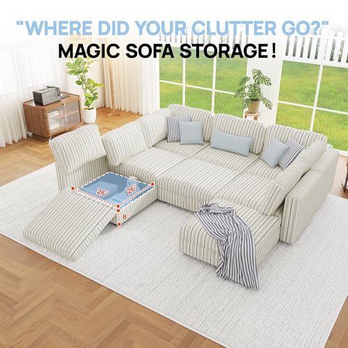 Image of 128 inch Cotton Linen Modular Sectional Sofa Bed with Hidden Storage, 8 Seat Convertible L U Shaped Sleeper Couch with Ottoman Chaise, Farmhouse Modular Sectional Couch with Removable Cover for LivingRoom