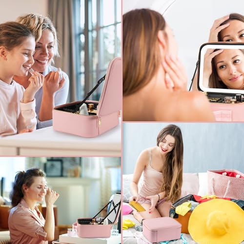 Image of Extrei Gent Makeup Travel Train Case With Mirror Led Light 3 Adjustable Brightness Cosmetic Bag Portable Storage Adjustable Partition Makeup Jewelry Gift For Women, Pink