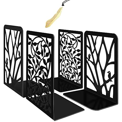 Iycnkok Bookends for Shelves Book Ends Holders Stoppers Supports Heavy Duty Metal, Bookmark Included, for Office Home Decorative, Geometry and Leaf Design, 2 Pair Cover