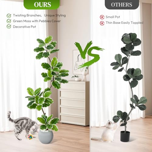 GarveeHome Fiddle Leaf Fig Tree Artificial Indoor, 5FT Tall Faux Rubber Tree with Sphere Planter, Tall Artificial Plants with Moss for Home Decor Office Living Room