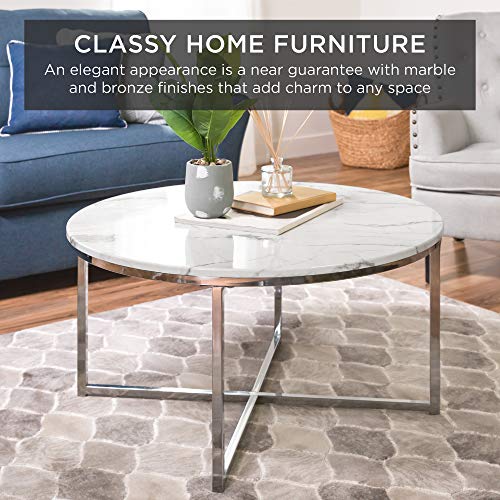 Best Choice Products SKY5994 36In Faux Marble Accent Table, Modern, Large End Table Home Decor For Living Room, Dining Room, Tea, Coffee W/Metal Frame, Foot Caps, Designer - White/Chrome thumb #2